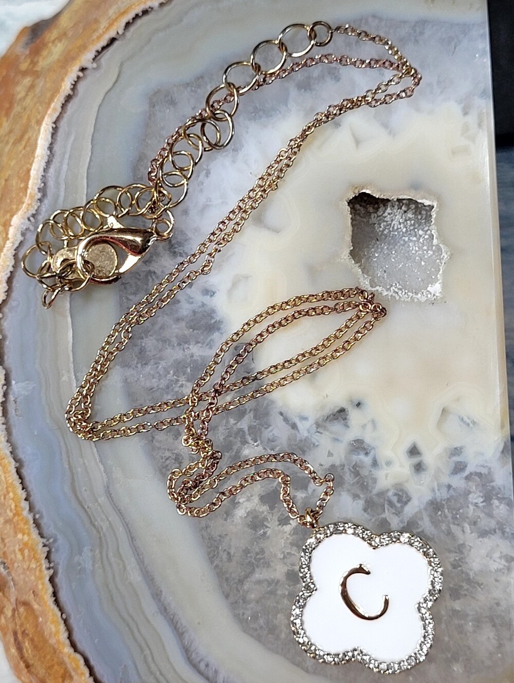 Gold  Clover " Letter C"  Pendant Necklace with White Enamel and Crystal Trim